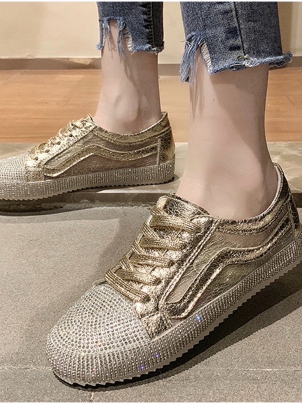 Women's Metallic Gold Rhinestone Low-Top Sneakers